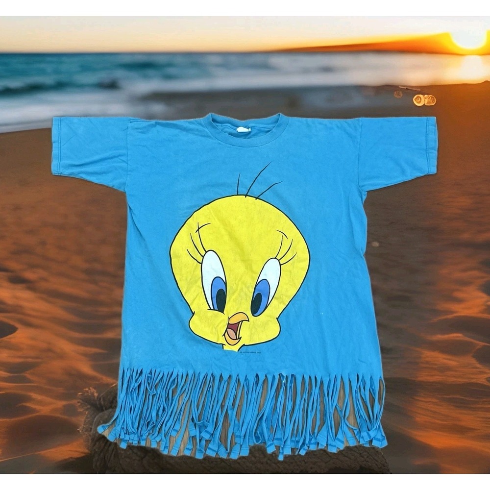 Vintage 90s TWEETY Looney Tunes Beach Cover Up Shirt Tasseled Fray Ocean Pool 94